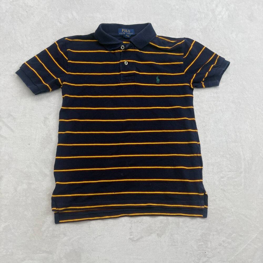 Ralph Lauren Boys Polo Shirt Navy Blue Yellow Striped Size 8 Short Sleeve